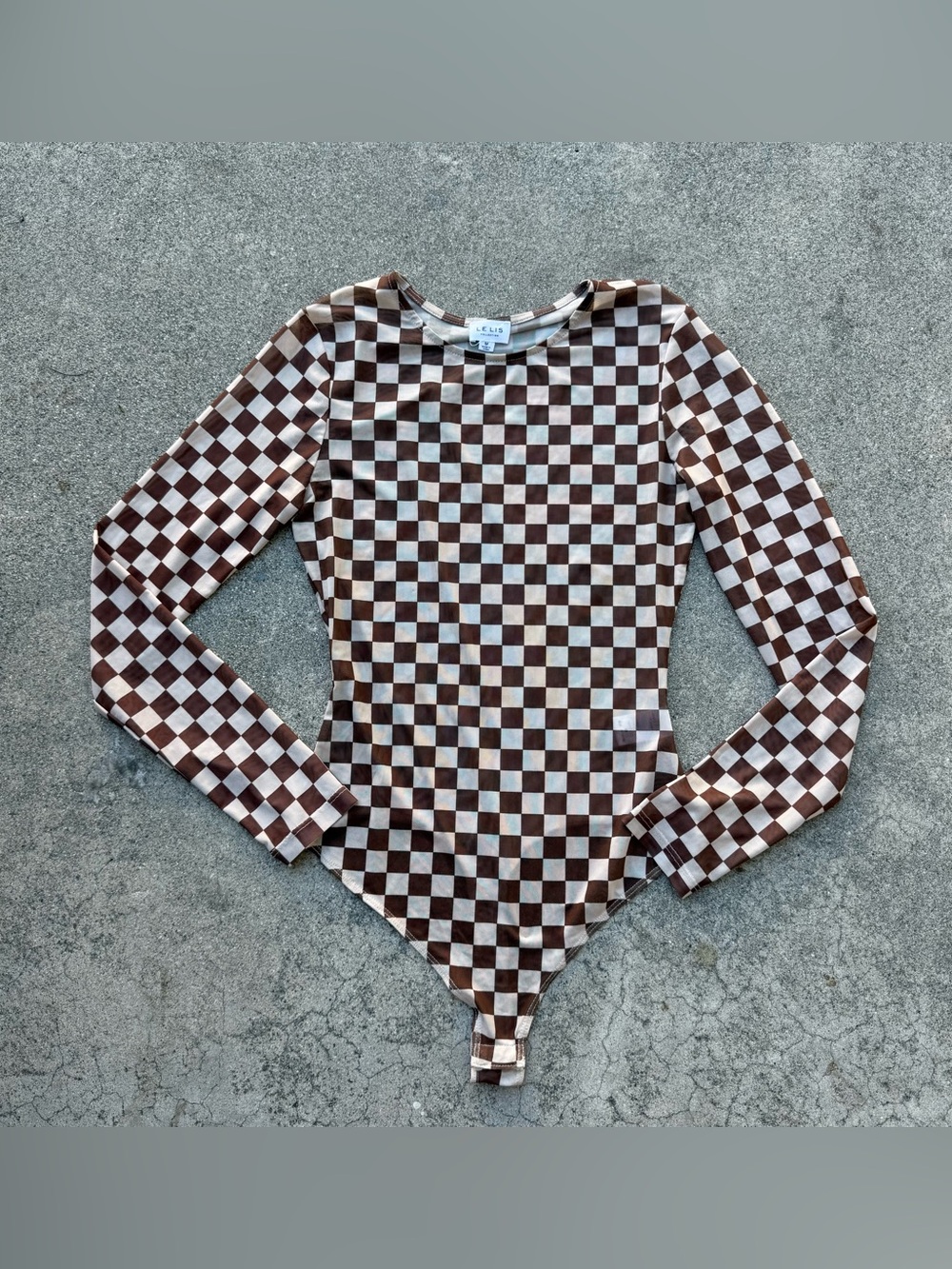 Checkered Print Mesh Long Sleeve Top size medium off campus Le Lis bodysuit